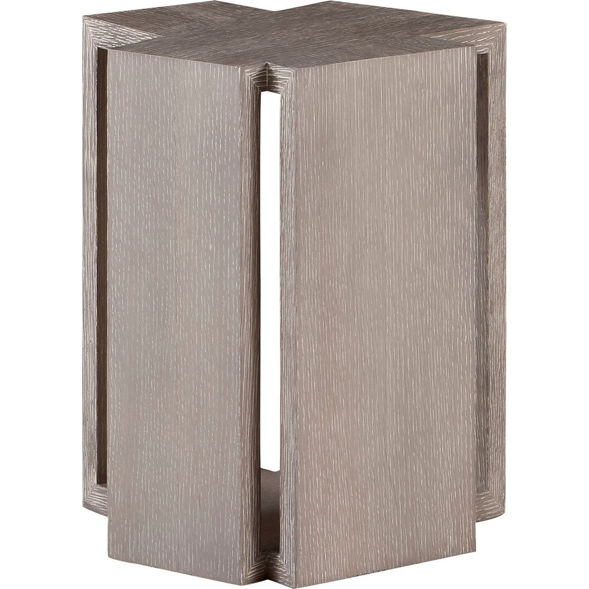 Crossing Side Table, shown in warm gray and taupe with wood and a flat top surface.