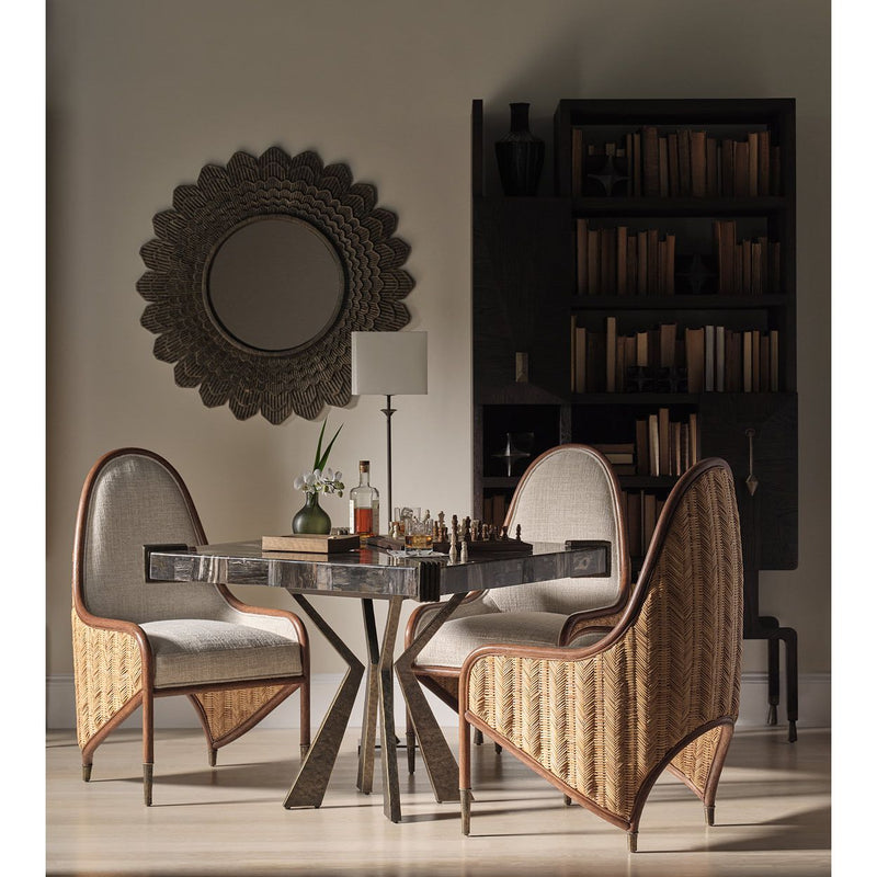 Alternate view of The Muntjac's Library, featuring antiqued metal finish, wood, brass, and open shelving.
