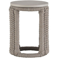 Cuerda Spot Table, shown in taupe and warm gray with braided rope, woven cord, and a open rope frame base.