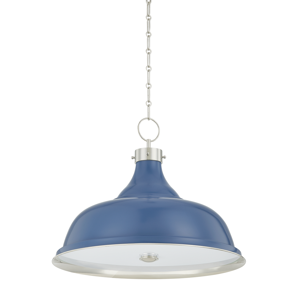 Painted No. 1 Pendant, shown in blue with metal and chain-hung ceiling suspension.