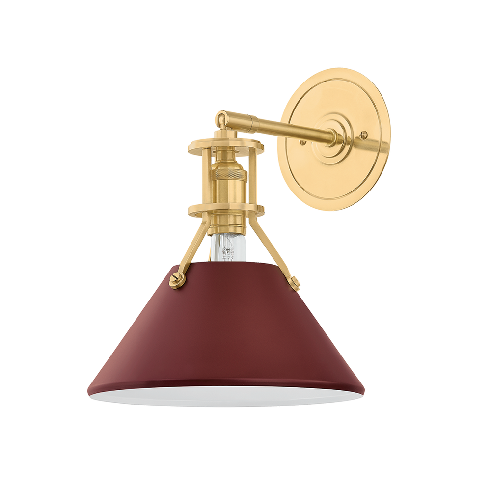 Painted No. 2 Wall Sconce, shown in burgundy and brass with brass, painted metal, and a wall-mounting backplate.