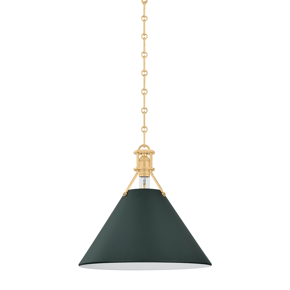Painted No. 2 Pendant, shown in dark green and brass gold with metal and chain-hung suspension.