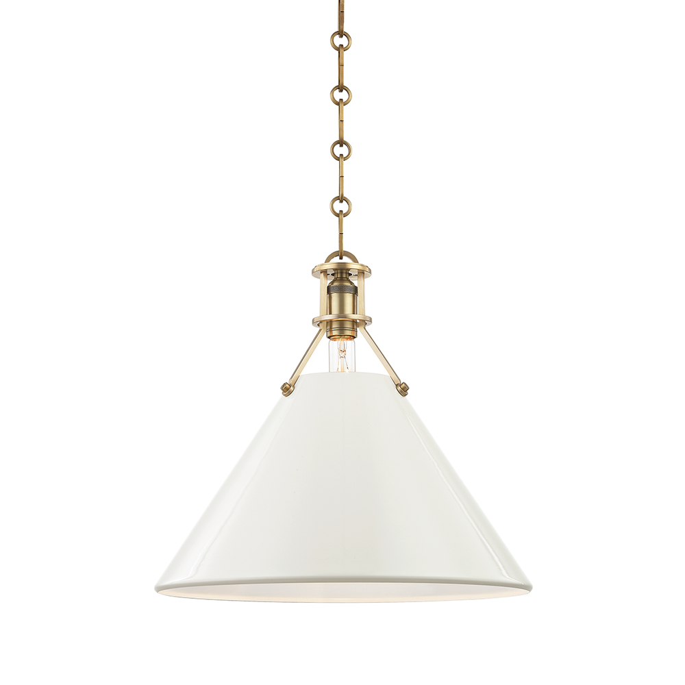 Painted No.2 Pendant, shown in white and brass with metal, painted metal, and chain-hung pendant suspension.
