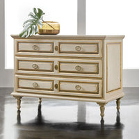 Vallieu Commode, shown in cream and ivory with wood, metal hardware, and six drawers arranged as three stacked pairs.