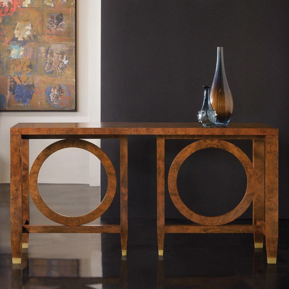 Alternate view of Moab Console -Walnut Burl in warm medium-brown walnut and brass gold.