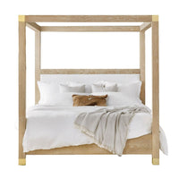Ventura King Canopy Bed, shown in natural light oak and white with oak wood, brass metal, and a open canopy frame.