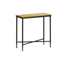 Nola Side Table, shown in brass gold and black with metal, glass, and fixed four-leg base.