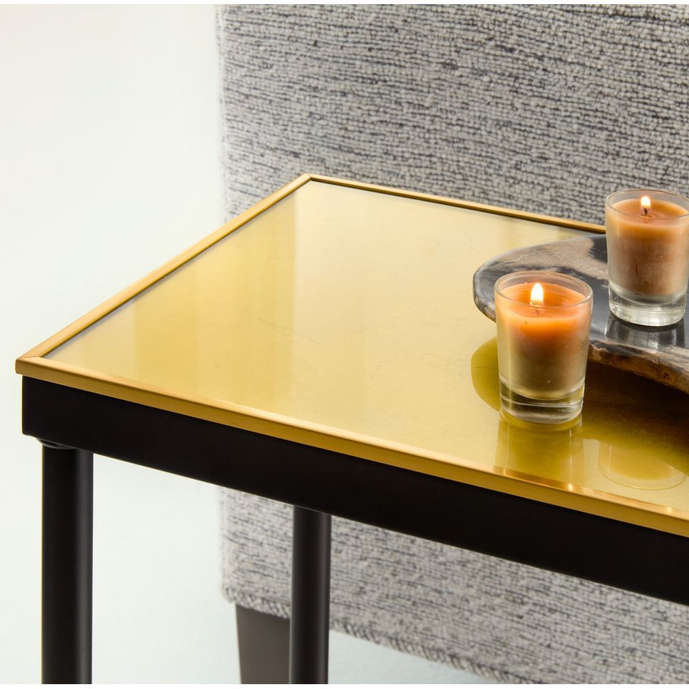 Additional view of Nola Side Table in brass gold and black, featuring mirrored finish and fixed four-leg base.