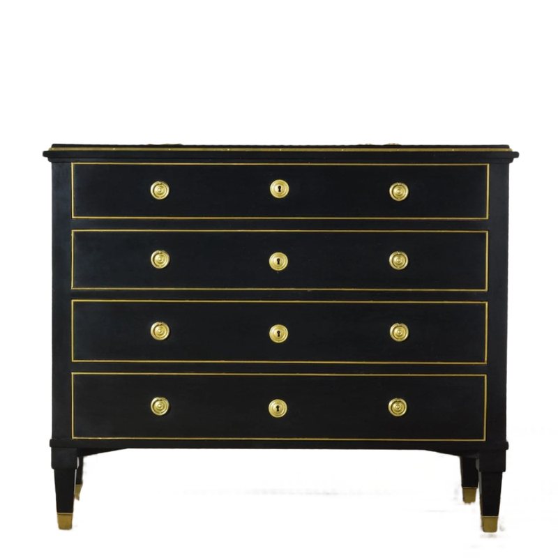 19th Century Ebonized Chest, shown in black and gold with wood, brass, and four full-width drawers.