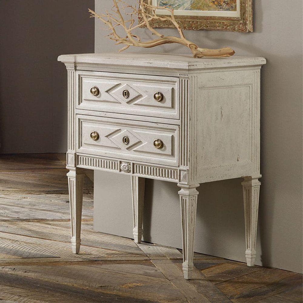Paris Bedside Chest, shown in ivory and off-white with wood, metal, and two drawers with dual knobs.