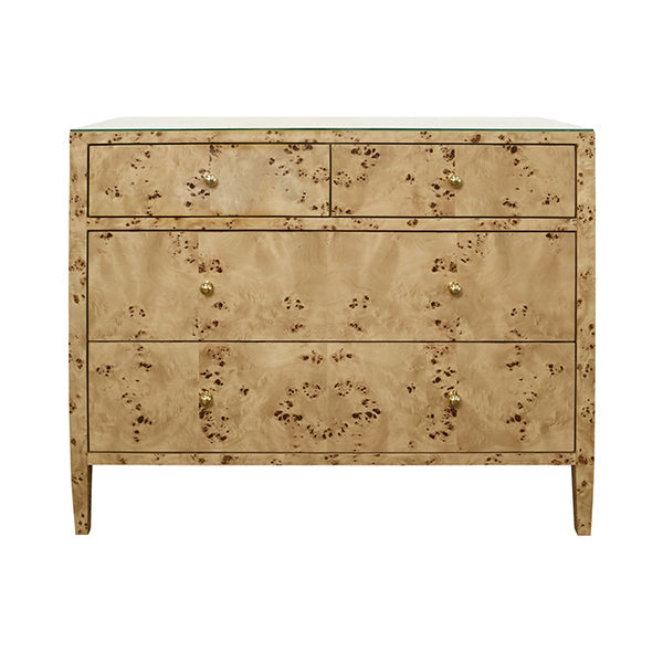 Michelle Four Drawer Chest In Burl Wood With Glass Top, shown in beige and tan with burl wood and glass.