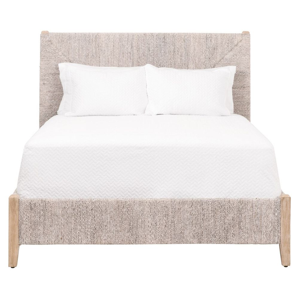 Malay Bed, shown in light beige and natural light wood with woven rope or seagrass and solid wood.