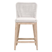 Mesh Counter Stool, shown in ivory and natural light wood with woven rope mesh, solid wood, and armless.