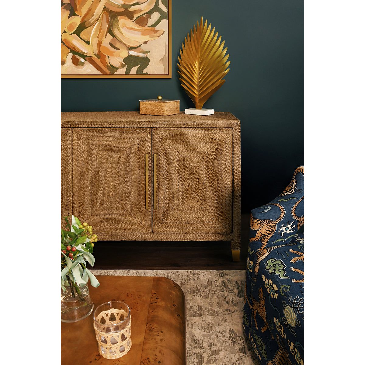 Four Door Buffet With Satin Brass Hardware And Foot Caps In Wrapped Rope