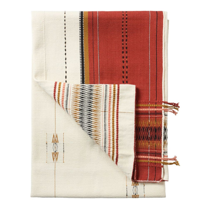 Tenzin Tribal Red/ Cream Throw (42"X72"), shown in cream and terracotta red with woven textile and cotton or wool-blend yarn.