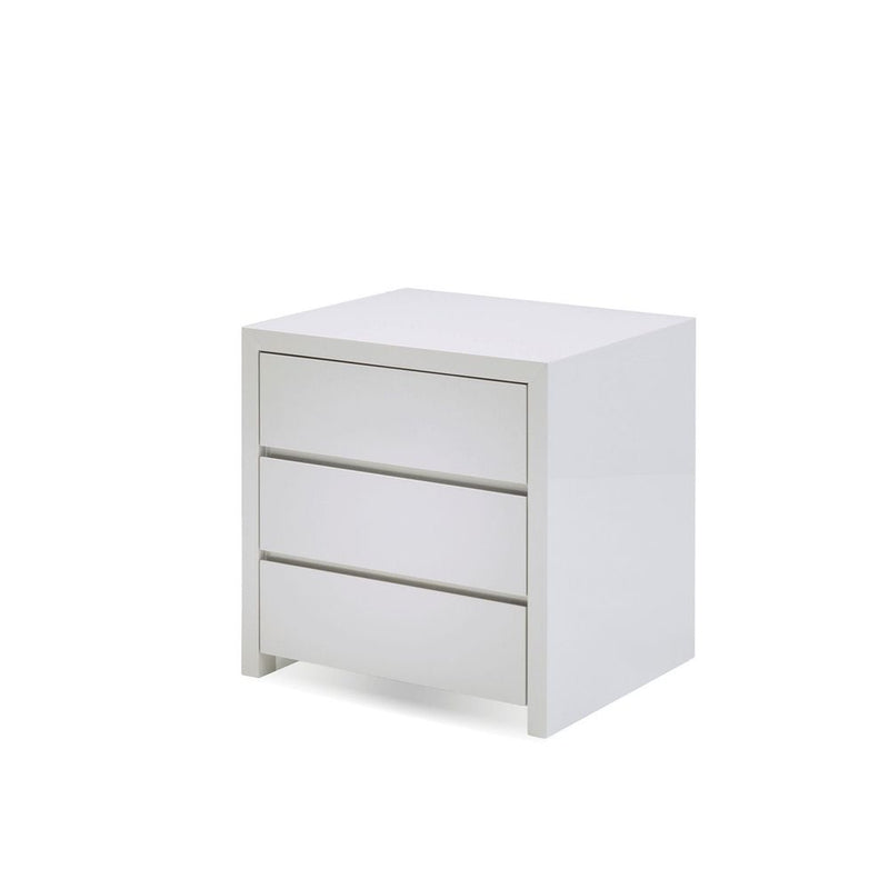 Blanche Night Table 3-Drawer White High Gloss / Soft Closing Drawers, shown in white with engineered wood and lacquer.