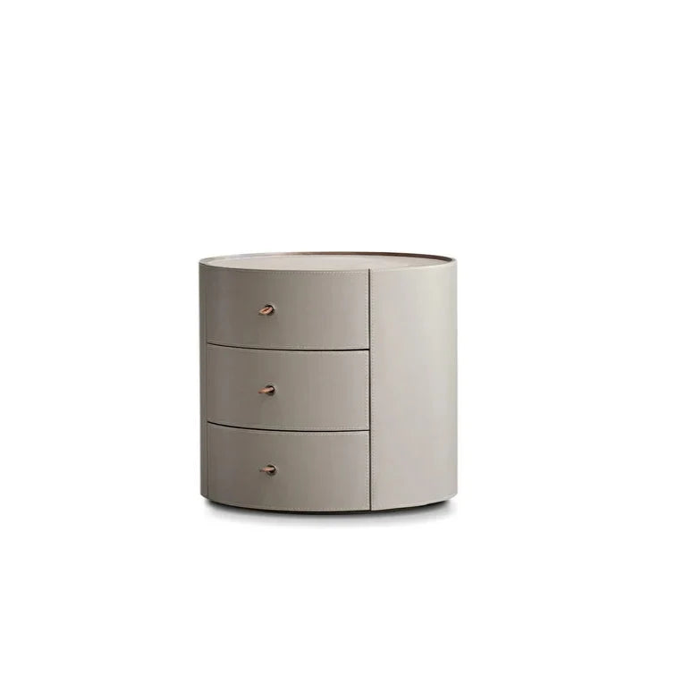 Alternate view of Neru Side Table, featuring leather, metal, and three integrated drawers.