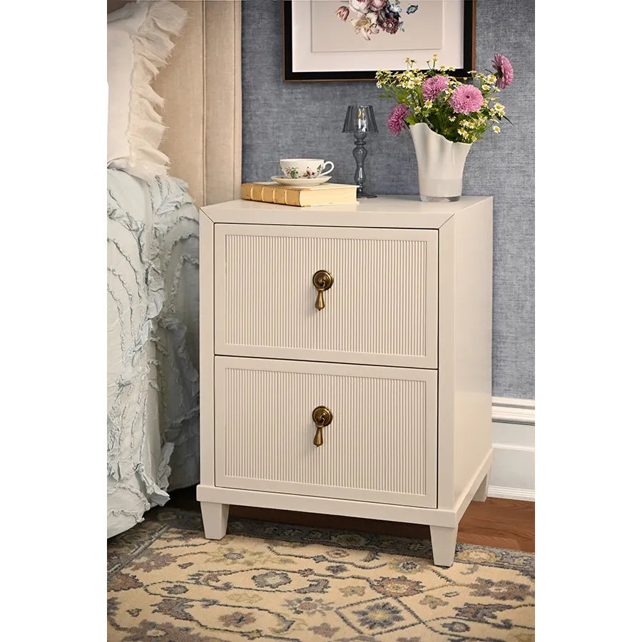 Alternate view of Novalie Two Drawer Side Table in ivory and off-white.