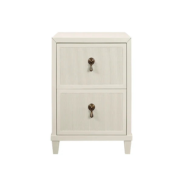 Novalie Two Drawer Side Table, shown in ivory and off-white with painted wood and metal.