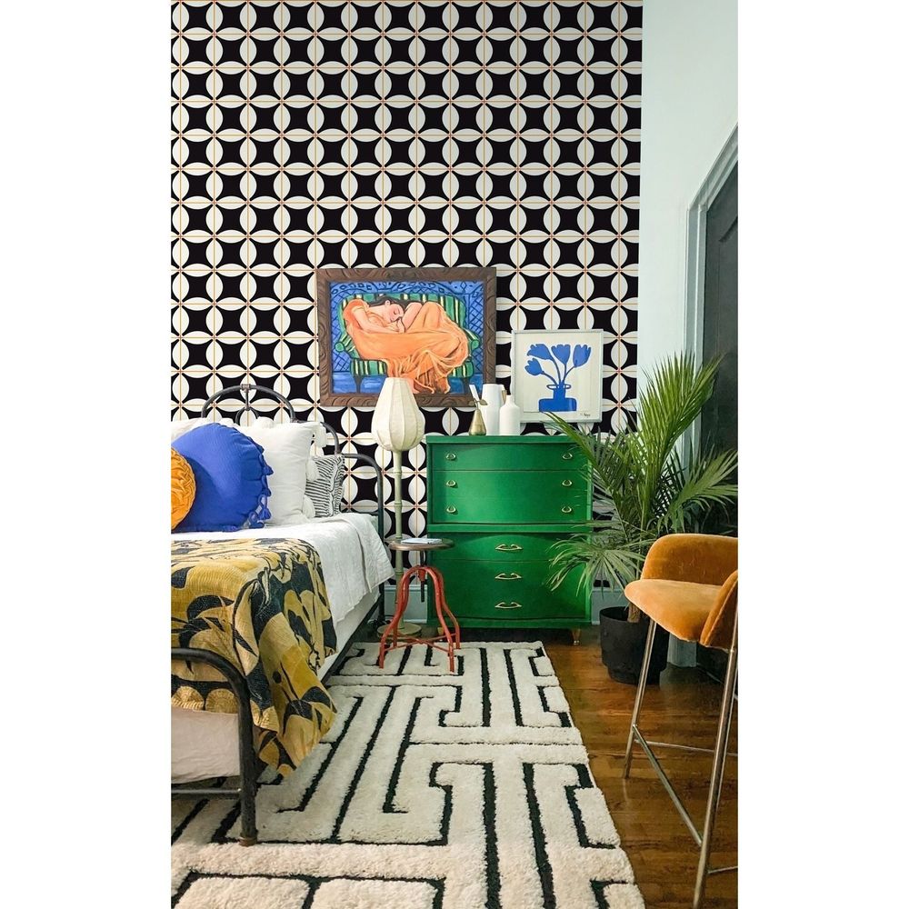Alternate view of Traveler Tile Wallpaper in black and cream.