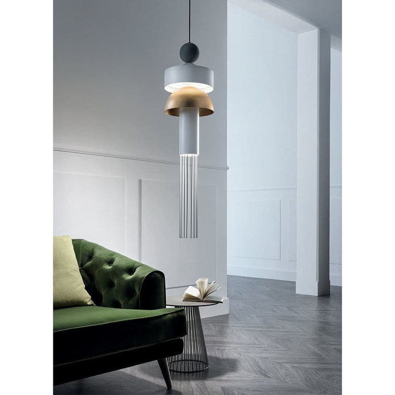 NAPPE XL1, shown in white and brass gold with metal, glass, and ceiling-suspended pendant.