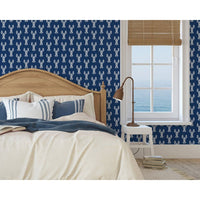 Additional view of Nautical Lobster Knots Wallpaper in white and navy blue.