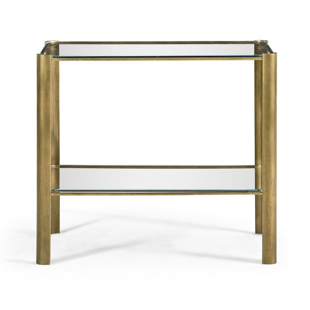 Brass & Glass End Table, shown in brass gold and clear with brass, glass, and two-tier glass shelving.