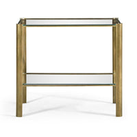 Brass & Glass End Table, shown in brass gold and clear with brass, glass, and two-tier glass shelving.