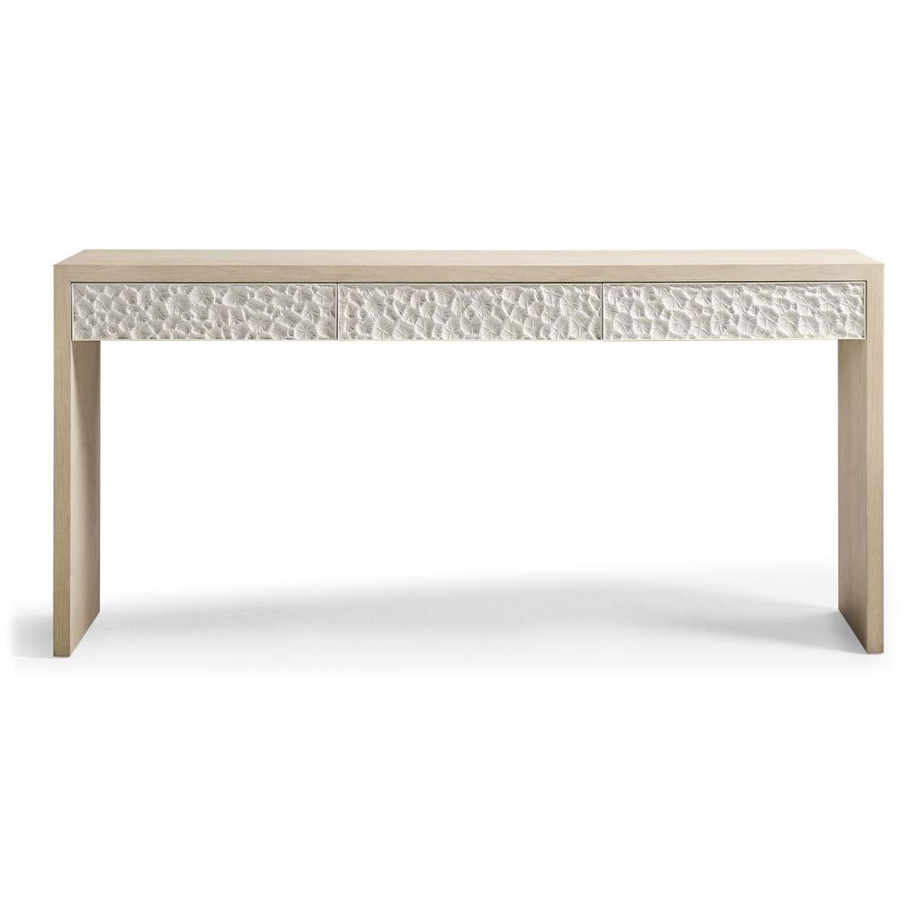 Pelagic Console Table, shown in light oak beige and ivory white with wood and carved relief panel.