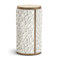 Pelagic Side Table, shown in ivory white and light natural wood with carved resin or plaster composite and wood.