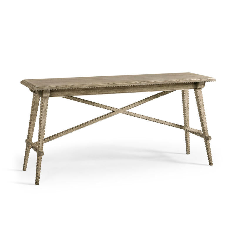 Alternate view of Stratford Console, featuring distressed, wood, solid wood, and narrow console profile.