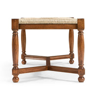 Additional view of Two Seat Stool with Rushed Seat in medium brown and natural beige, featuring backless two-seat bench.