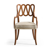 Ampney Toasted Oak Arm Chair, shown in warm medium brown and beige with oak wood, woven fabric, and fixed arms.