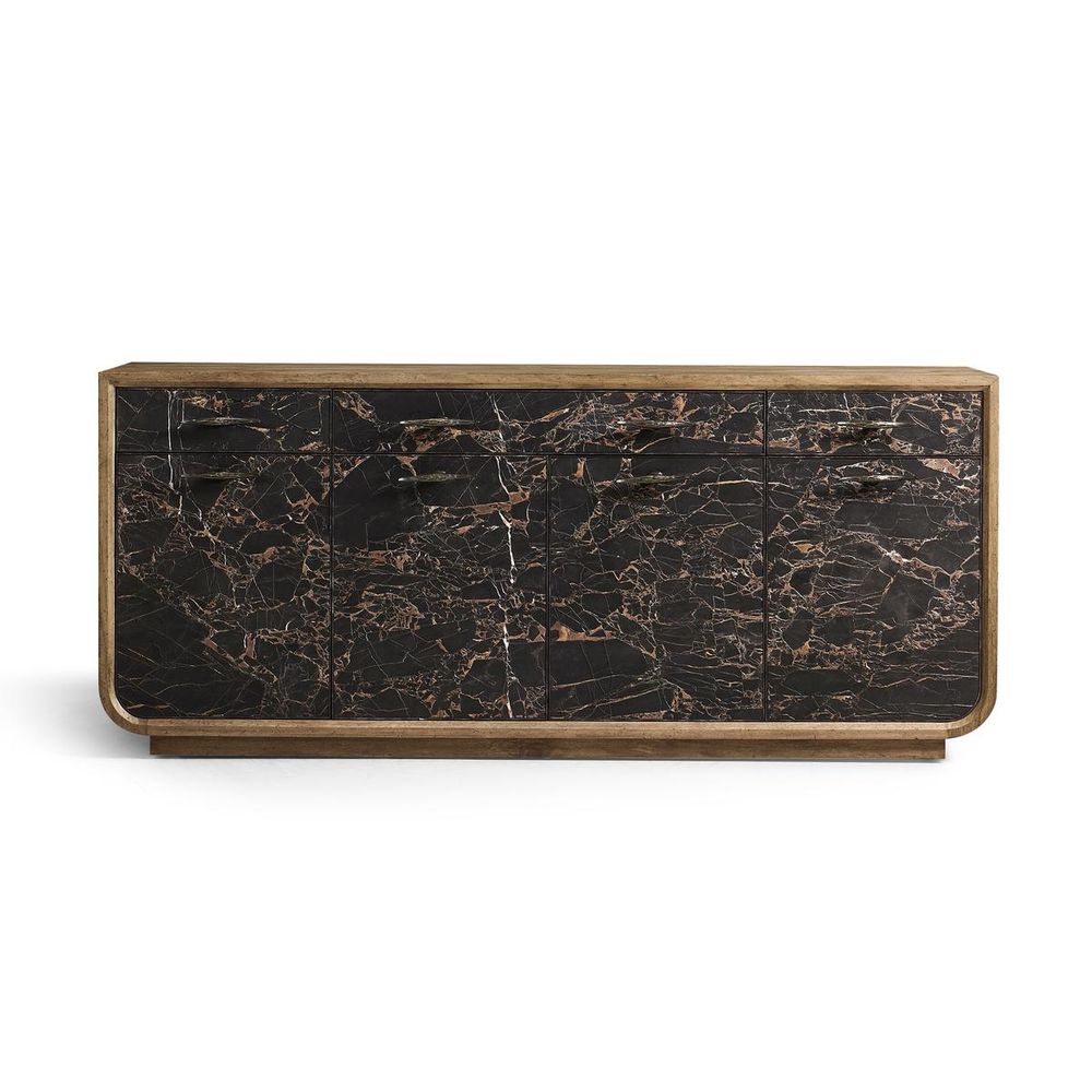 Stone Ridge Marble Credenza Light, shown in black and dark brown with marble, wood, and multiple drawers.