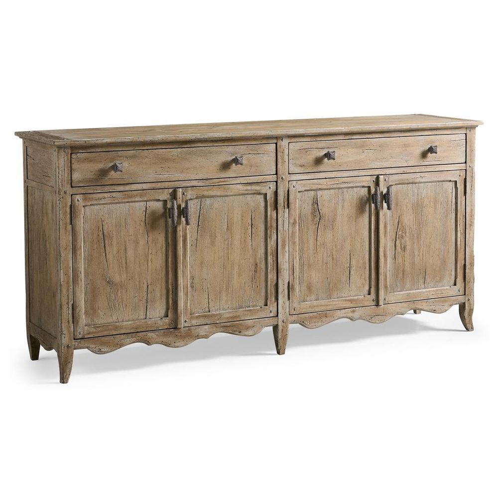 Additional view of Caldera Sideboard in weathered light oak beige and warm taupe, featuring distressed and two upper drawers.
