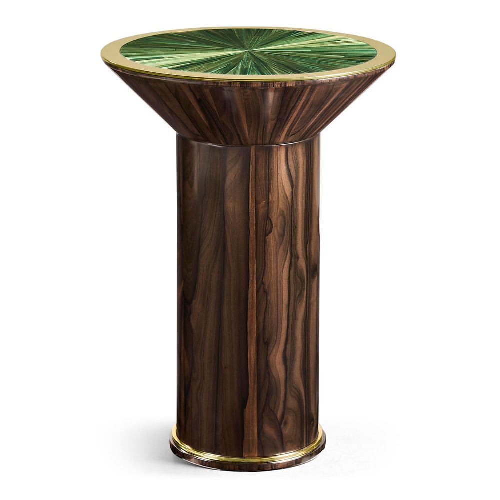 Verdure Side Table with dark hardwood, green sunburst veneer or straw marquetry, and a freestanding pedestal base.