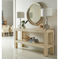 Alternate view of Hydra Console Table, featuring matte finish, wood, parchment, and full-length lower open shelf.
