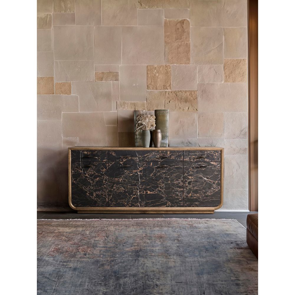 Alternate view of Stone Ridge Marble Credenza Light, featuring brushed metal finish, marble, wood, and multiple drawers.