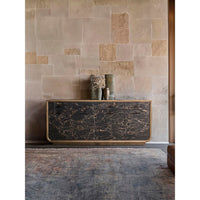 Alternate view of Stone Ridge Marble Credenza Light, featuring brushed metal finish, marble, wood, and multiple drawers.