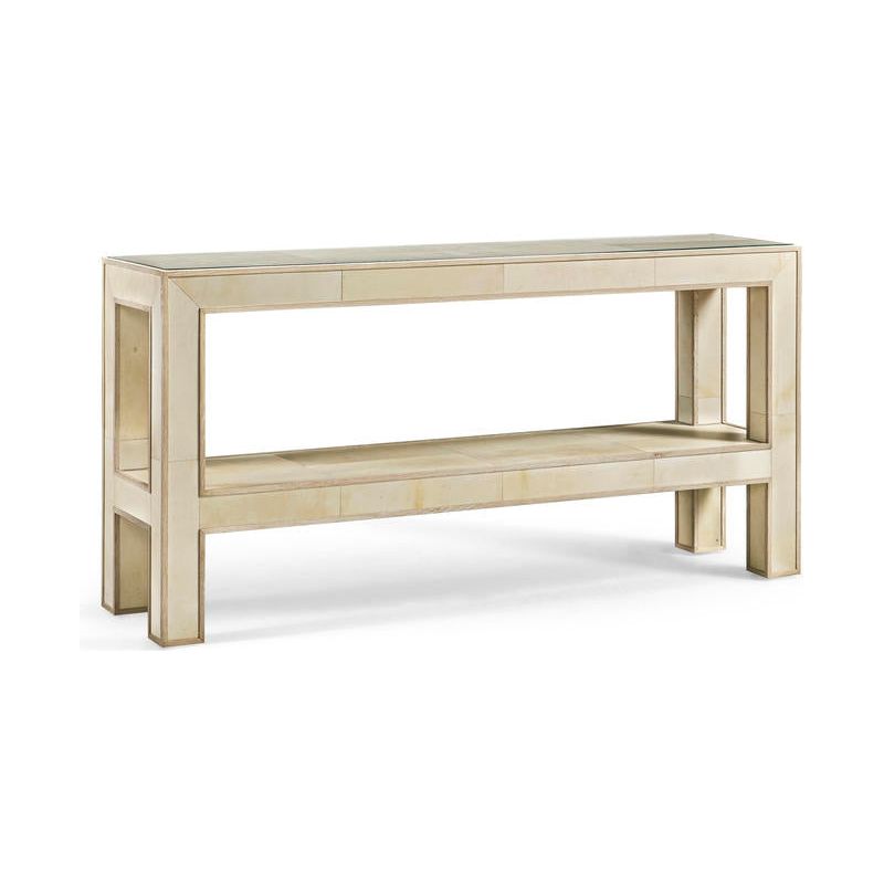 Additional view of Hydra Console Table in ivory and cream, featuring matte finish and full-length lower open shelf.