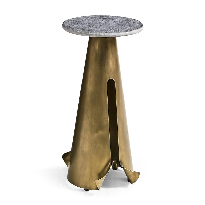 Tillman Drink Table, shown in antique brass and charcoal gray with brass and stone.