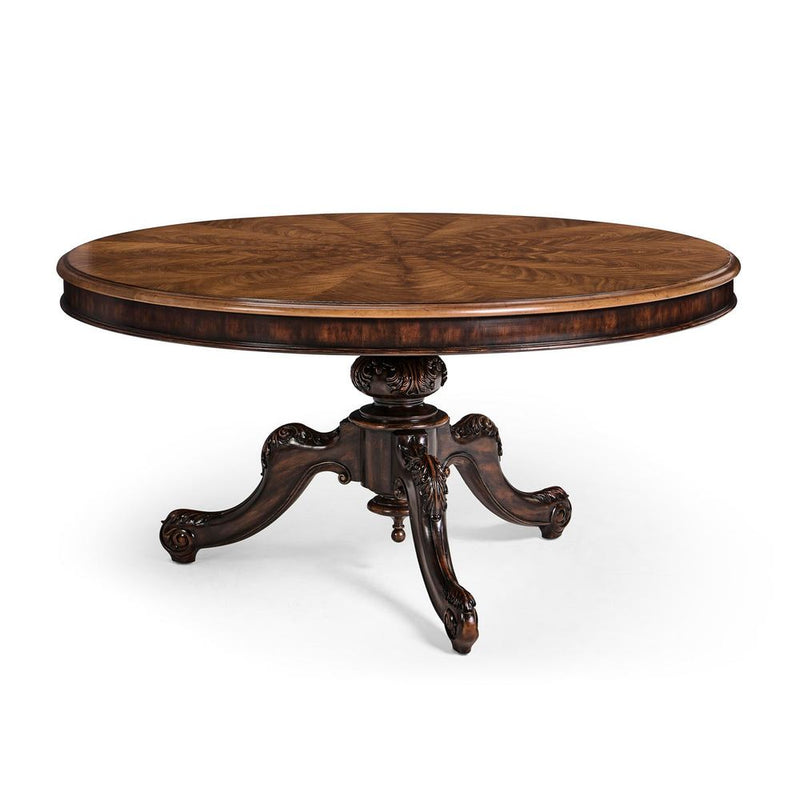 60" Hattie Round Dining Table, shown in warm medium brown and dark espresso brown with wood and wood veneer.