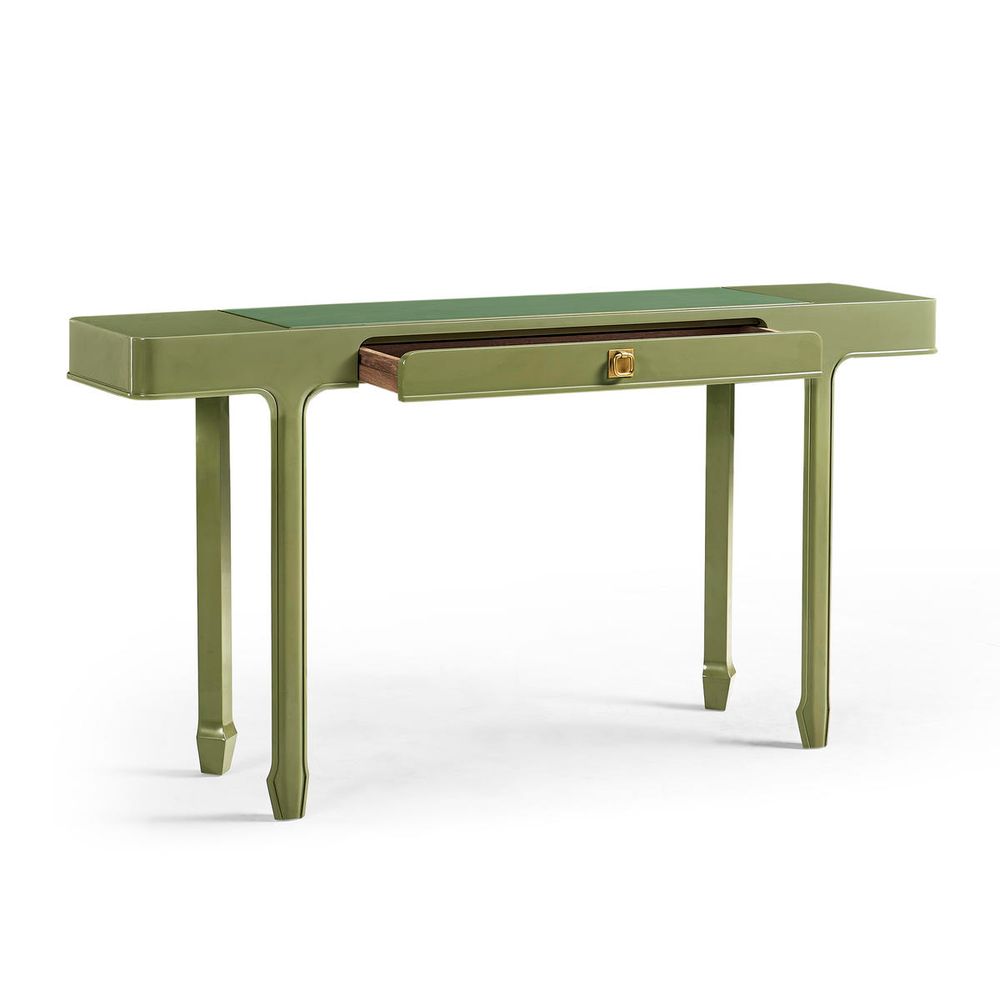 Additional view of Polly Avo Rectangular Console Table in sage green and olive green.