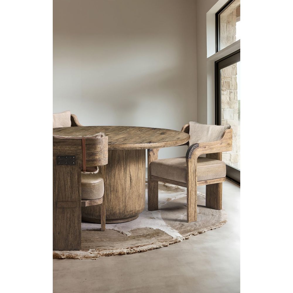 Alternate view of 60" Stone Ridge Round Dining Table Light in light oak and warm beige.