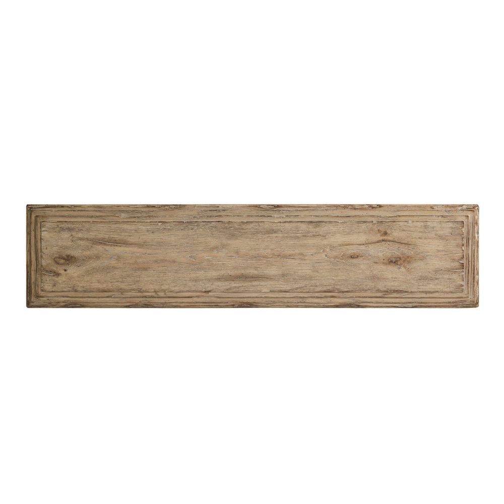 Additional view of Sagehill Pedestal Console Table, featuring distressed, solid wood, and a single central pedestal base.