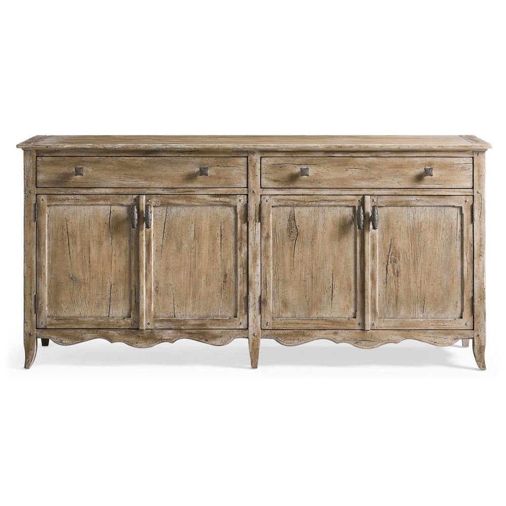 Caldera Sideboard, shown in weathered light oak beige and warm taupe with solid wood, metal hardware, and two upper drawers.