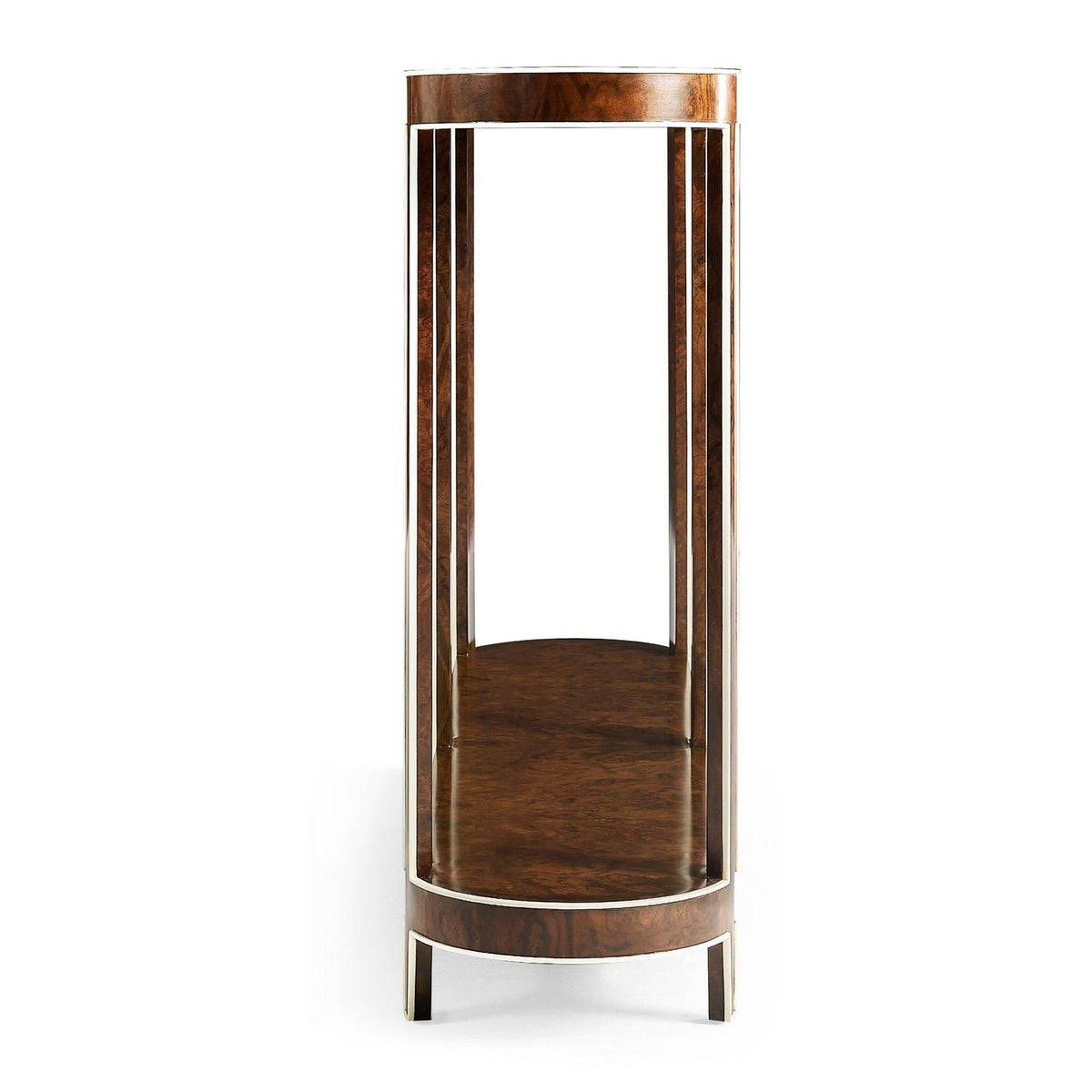 Additional view of Jacques Console Table in rich brown and silver, featuring high-gloss finish and open shelving.