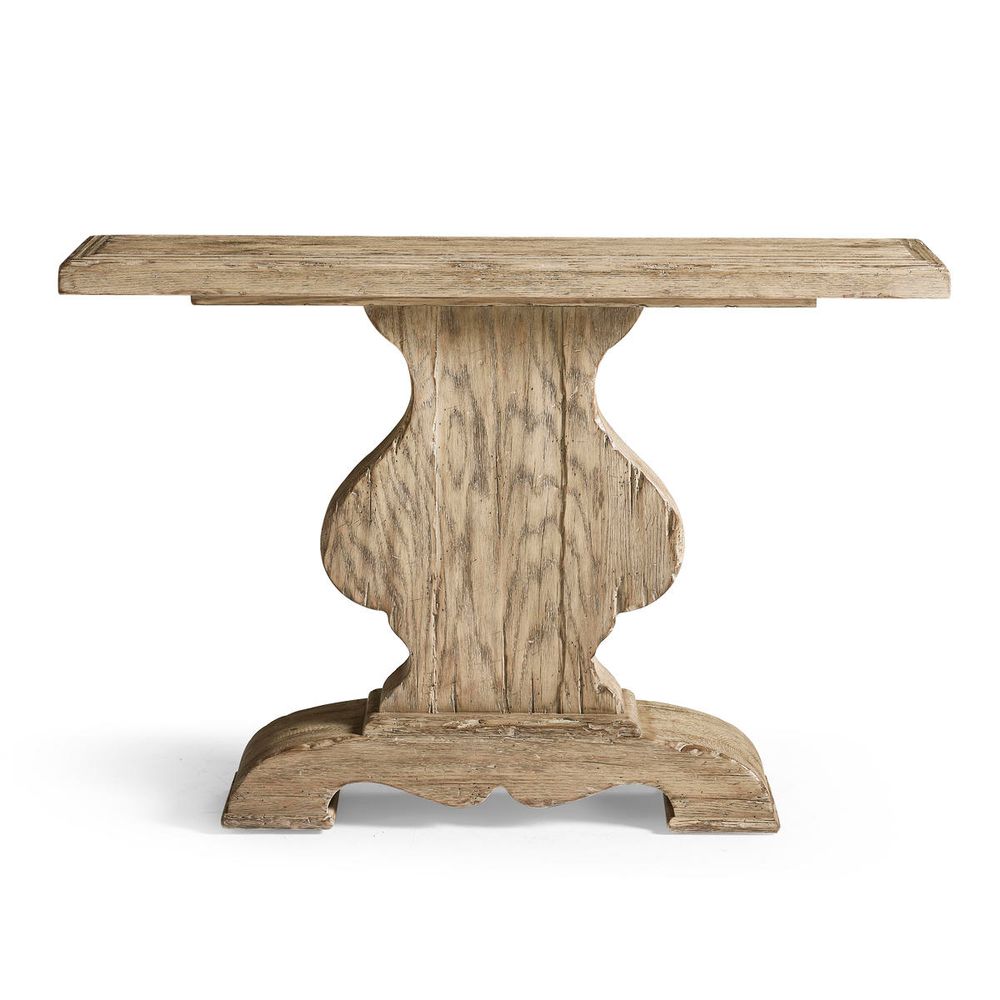 Sagehill Pedestal Console Table, shown in light natural wood and beige with solid wood and a single central pedestal base.