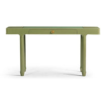 Polly Avo Rectangular Console Table, shown in sage green and olive green with painted wood and brass.