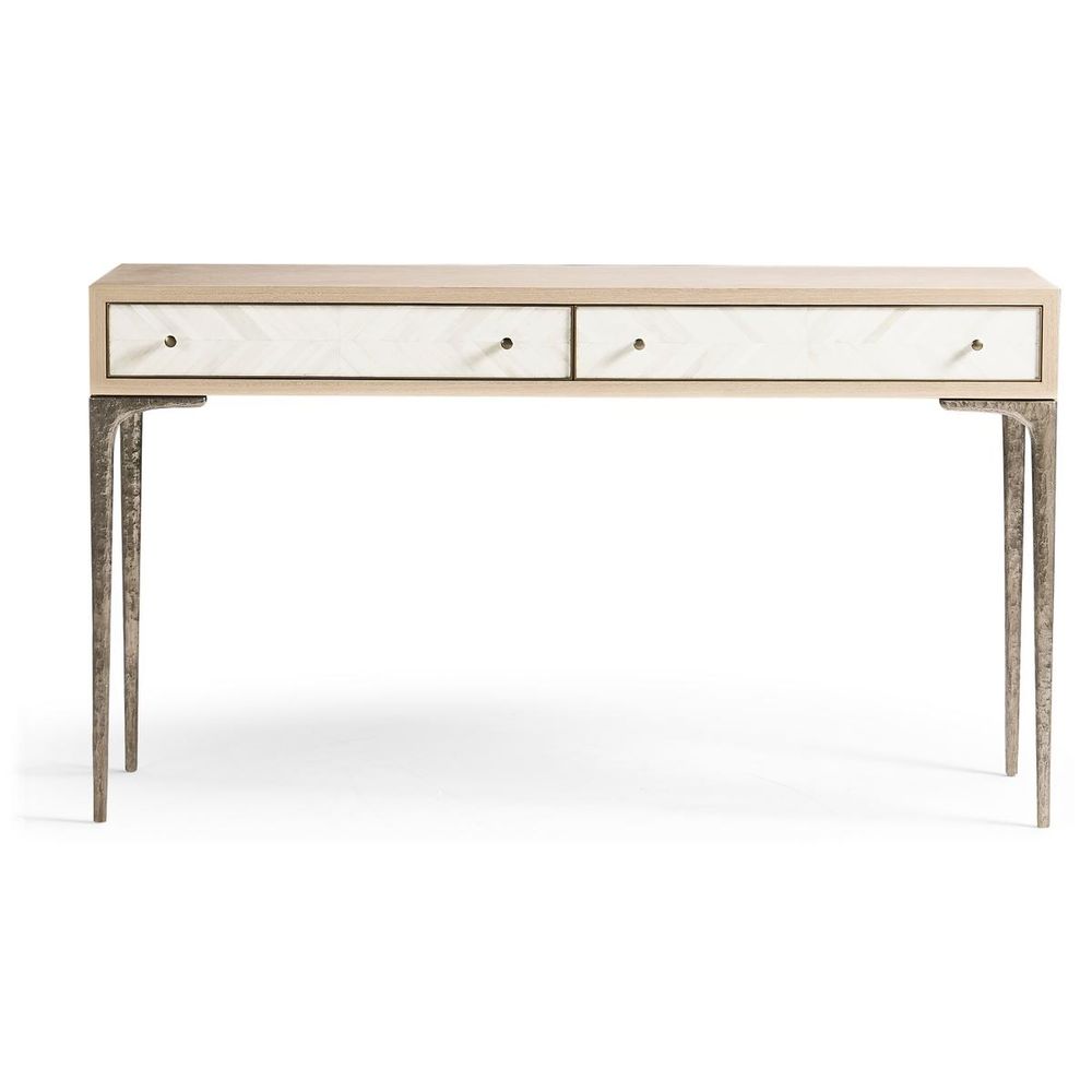 Tideline Console Table, shown in light natural wood and ivory with wood, bone or resin inlay, and two full-width drawers.